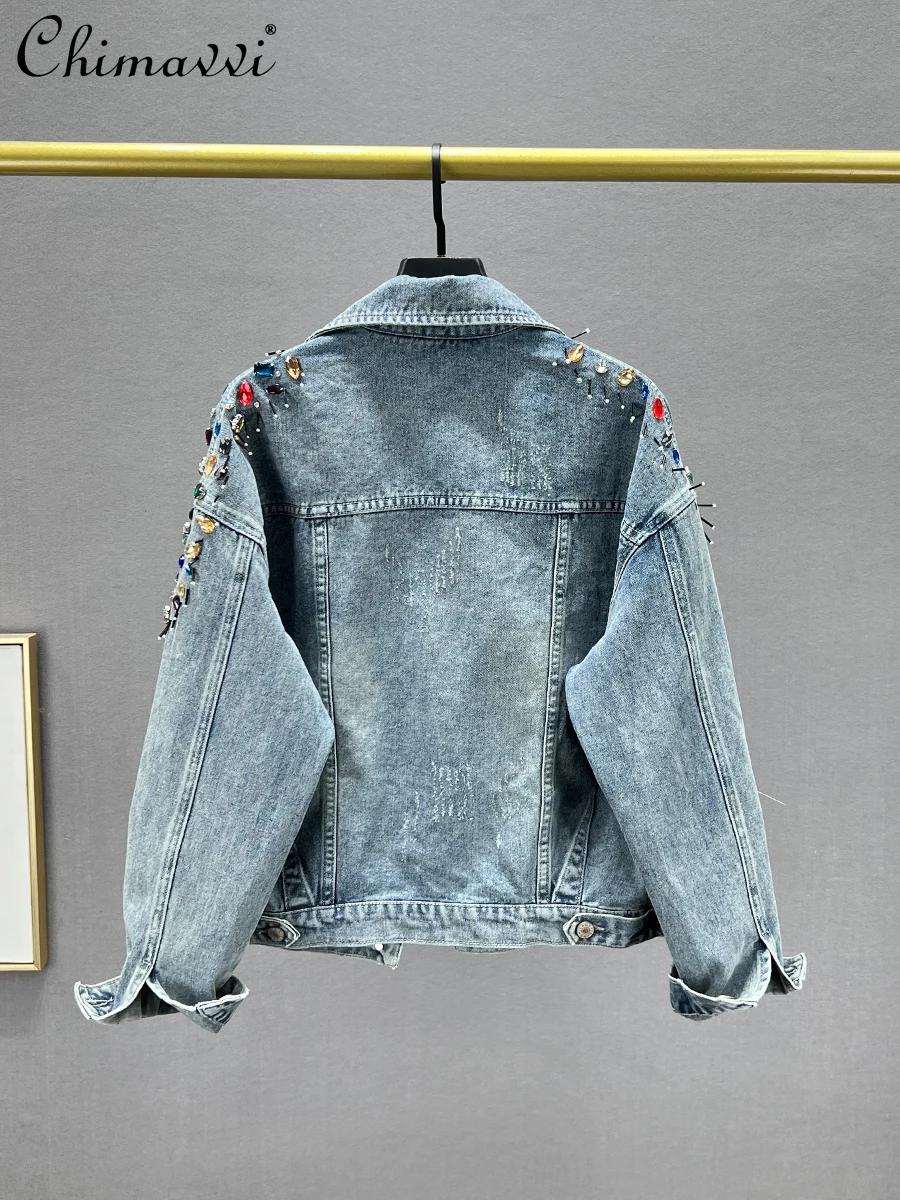 Squisito cappotto di jeans con strass femminile primavera e autunno nuova moda allentata sottile Ins europea manica lunga streetwear giacche di jeans