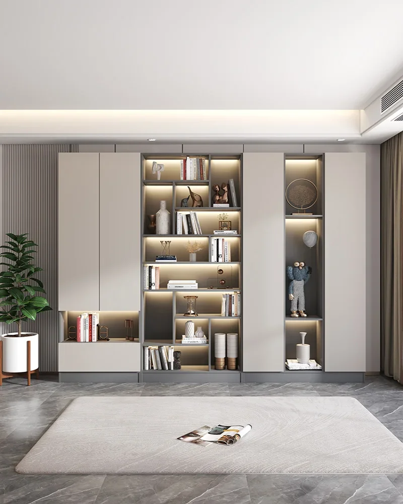 

Light luxury solid wood bookshelf, bookshelf integrated combination, living room shelf, floor standing storage cabinet