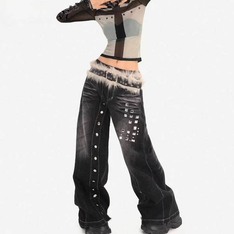 Original Retro Design Straight-Leg Women's Jeans 2026 Spring New Black Square Stud Punk Style Loose Wide-Leg Long Pants Ladies