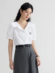 DUSHU Summer Women's Cotton French Style Lapel Shirt 2024 New Design Short Sleeves Versatile Casual Slim Fit Women Top 24DS82712