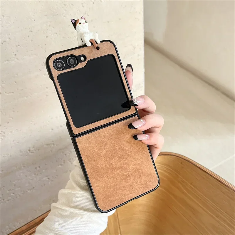 Liggende Kat PU Lederen Telefoon Case voor Samsung Galaxy Z Flip Z Fold 6 5 4 3 Beschermende Achterkant voor ZFold6 ZFlip6 Case