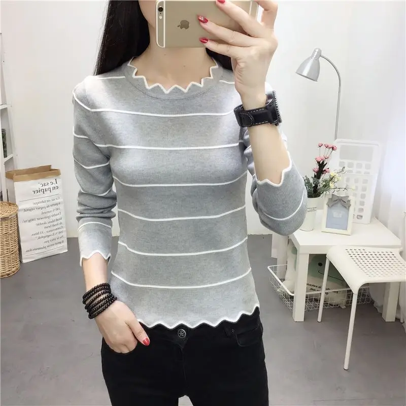 Roupas femininas listradas all-match vintage pullovers topo outono inverno nova manga longa magro moda blusas coreano high street