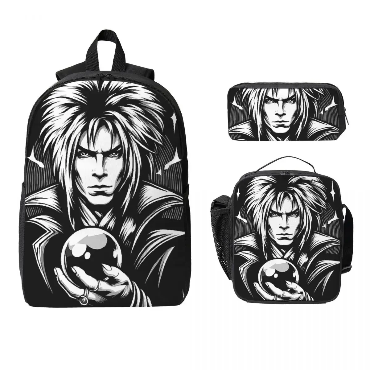 

Jareth The Goblin King Labyrinth Backpack Student BookBag School Bag Laptop Shoulder Bags 3ps Insulated Lunch Bag Pencil Case