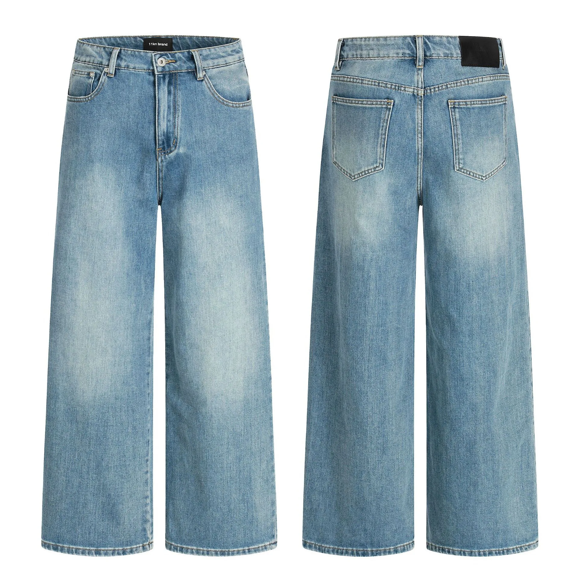 

Retro American Sle Loose Fit Denim Jeans Men Women Casual Waed Blue Wide Leg 3D Slim Straight Youth Jeans Stand Size