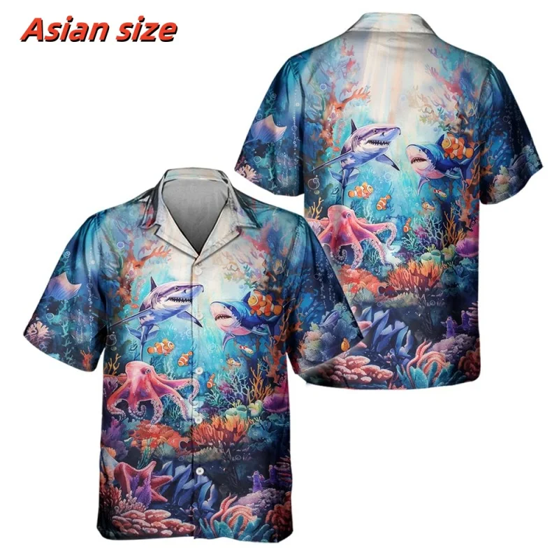 Colorful Underwater World Pattern Hawaiian Shirt For Men Fish Shark 3D Print Blouse Summer Short Sleeve Lapel Tops Aloha Shirts