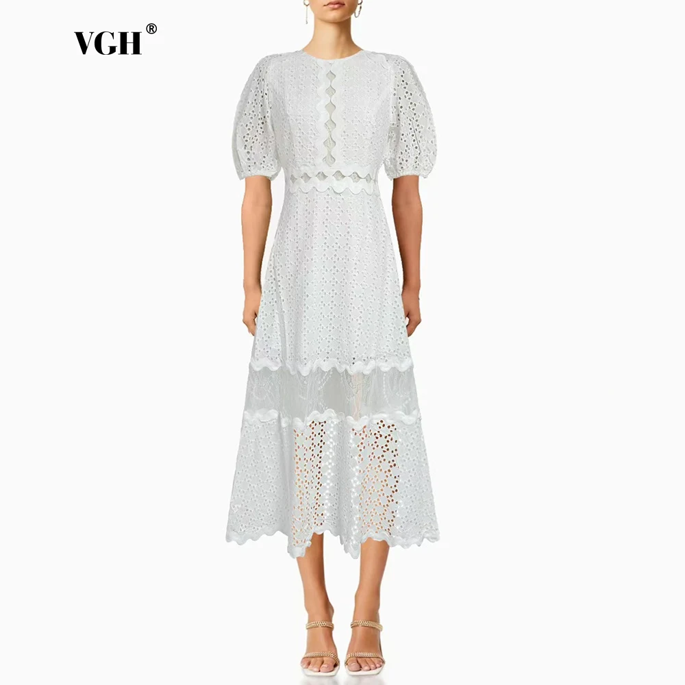 VGH Hollow Out Solid Dresses for Women O Neck Short Sleeve Wave Cut Design Casual Fashion Dress Female 2025 Summer New Clothing