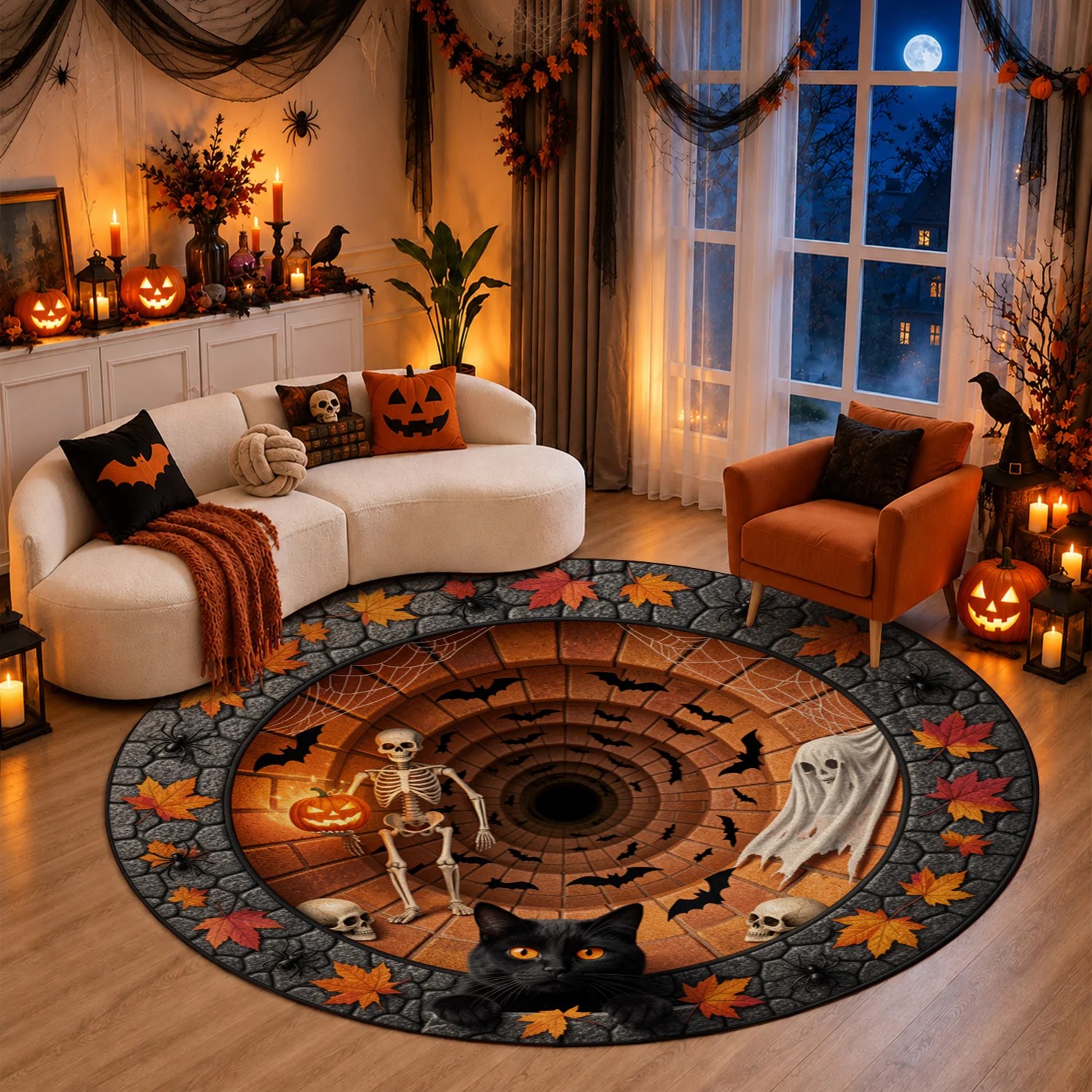 Spiral Skeleton Ghost Bat Pumpkin Autumn Design Round Velvet Mat Machine Washable Entryway Porch Living Room Hallway Halloween Thanksgiving Christmas New Year Black Friday Cyber Monday