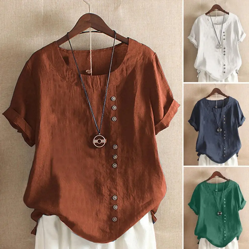 

Women T-Shirts Casual Loose Cotton Linen Short Sleeve Pullover Tops Round Neck Solid Color Pullover Oversize Summer Loose Shirt