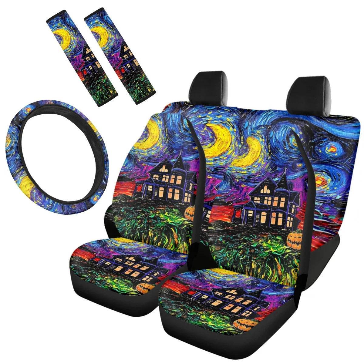 Van Gogh Oil Painting Pattern Car Seat Covers Full Set Easy Clean Steering Wheel Cover Breathable Non-slip Seat Belt Covers Gift