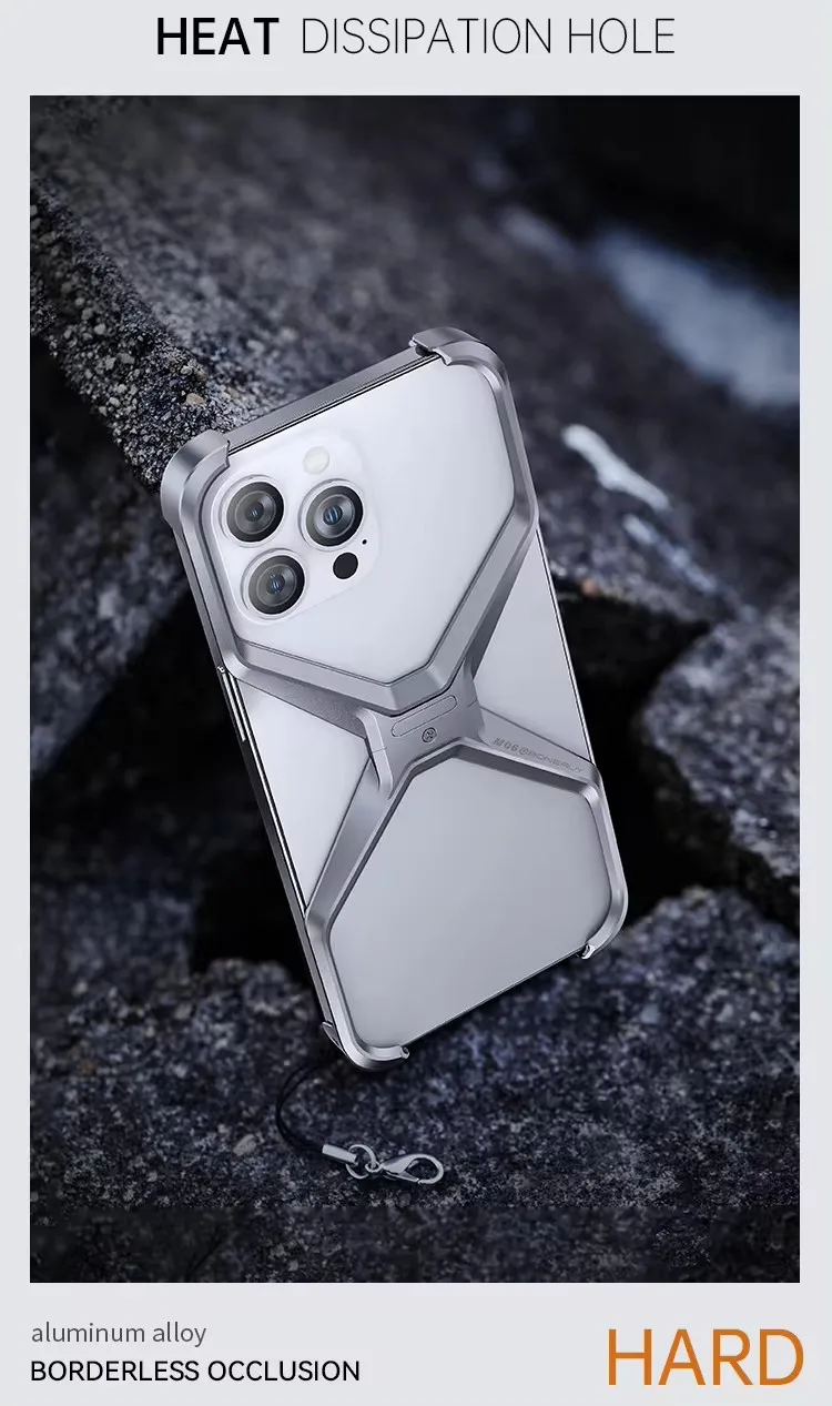 Aluminum Alloy Removable Rimless Phone Case For iPhone 13 14 15 Pro Max Shockproof Phone Cover Heat Dissipation Armor X Type