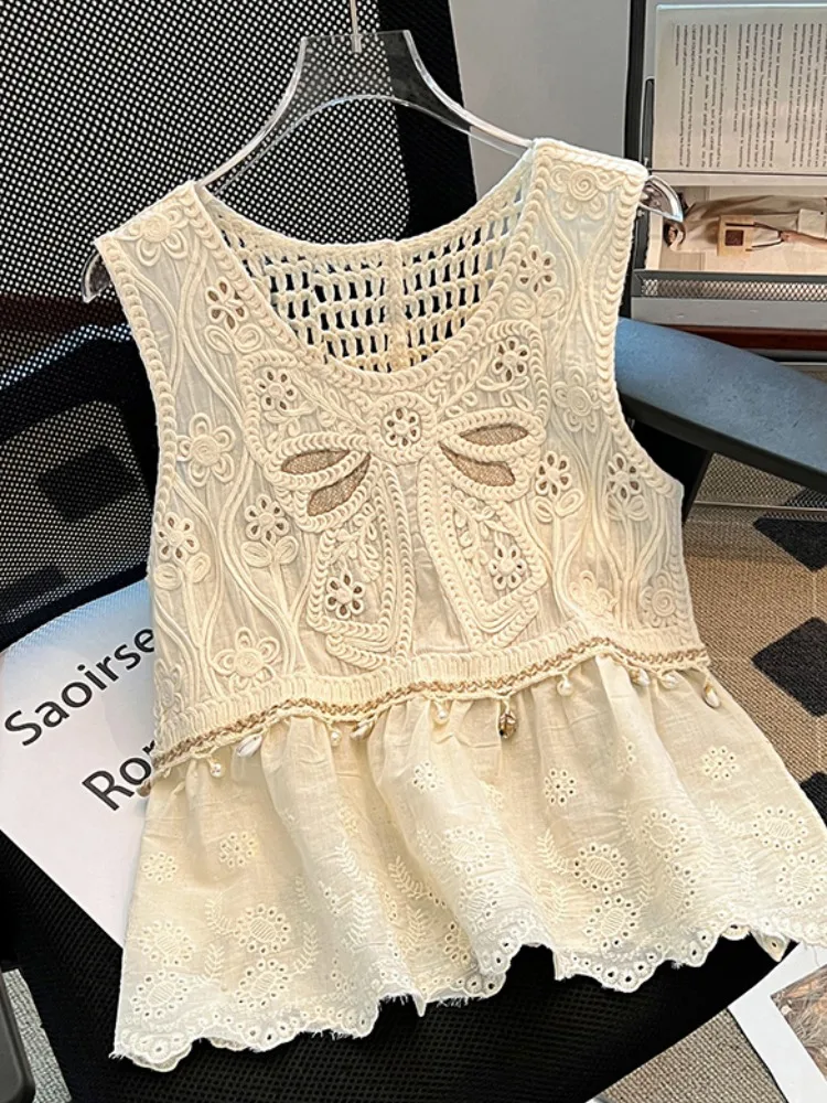 

n Sle Knitted Hollow out Strap Vest Women's Summer Svel Top Trendy Commute Sle Loose Fit round Ne Cotton B...