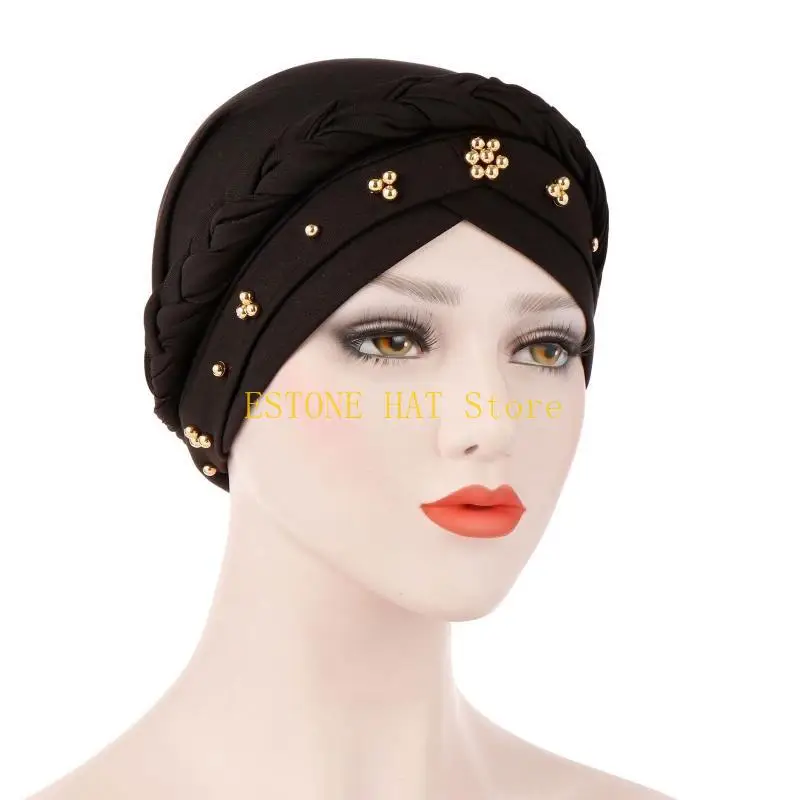 49MF Muslim Beaded Braid Turban Hat Hijab Cap Chemo Hair Loss Headwear for Family