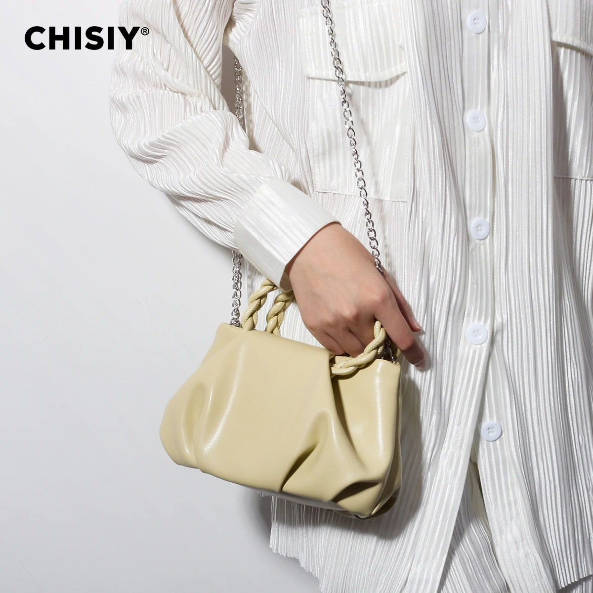 1 piece of CHISIY original handmade woven pleated solid cream yellow synthetic leather fashionable large capacity handbag