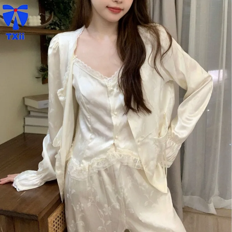 New Ice Silk Palace Style Girl's French Style Sling Pajamas Spring New Women's Long-sleeved Trousers Home Clothes 3pc Set