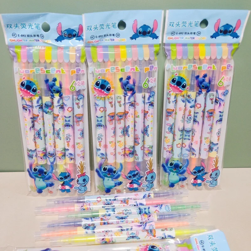 6/12PCS Disney Stitch Set di penne fluorescenti Sanrio Key Markers diario degli studenti Scrapbook pittura cancelleria penna Graffiti