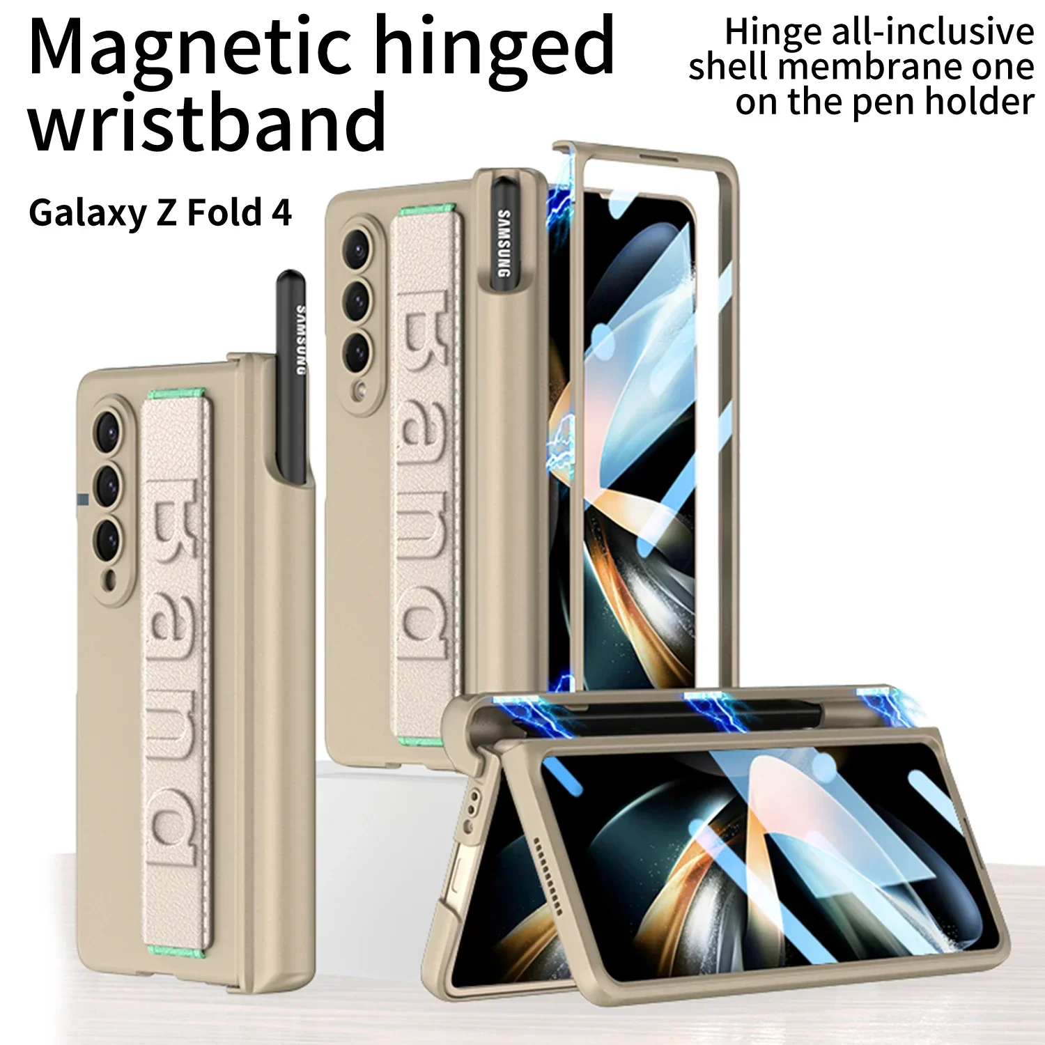 

Magnetic Hinge Wrist Band Hard Case For Samsung Galaxy Z Fold 4 Fold4 Case With Pen Holder Glass Film Protective Plastic Cover