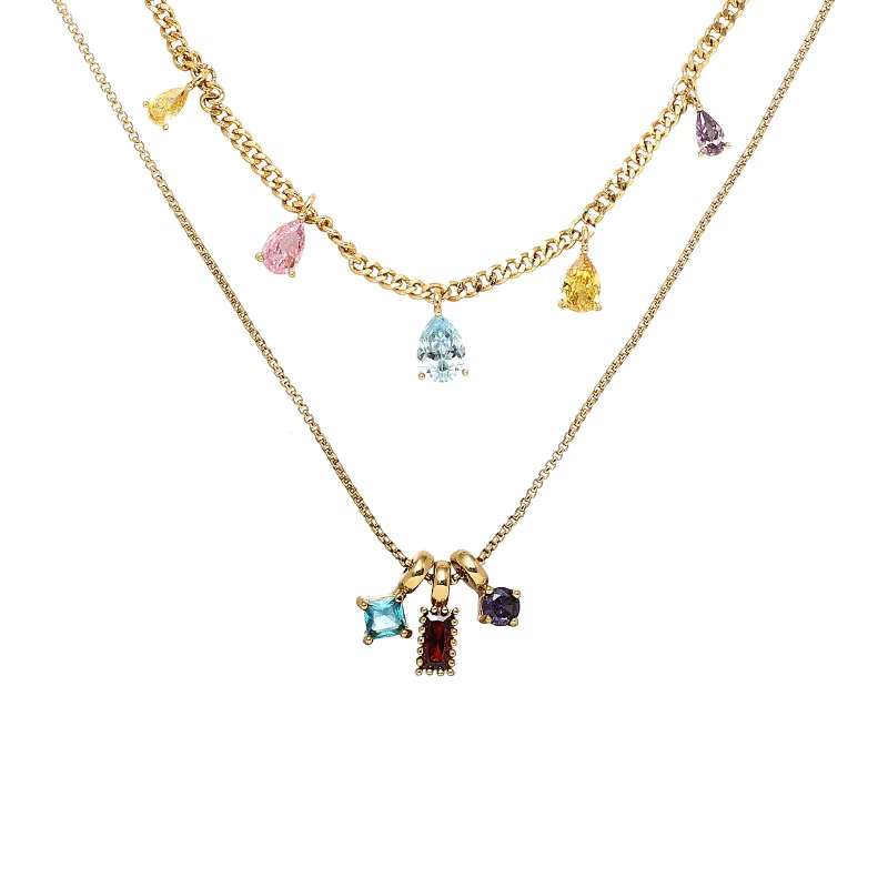

18K Gold Plated Colorful Zircon Pendant Stackable Necklace Sweet Exquisite Jewelry Gift for Girl Friend