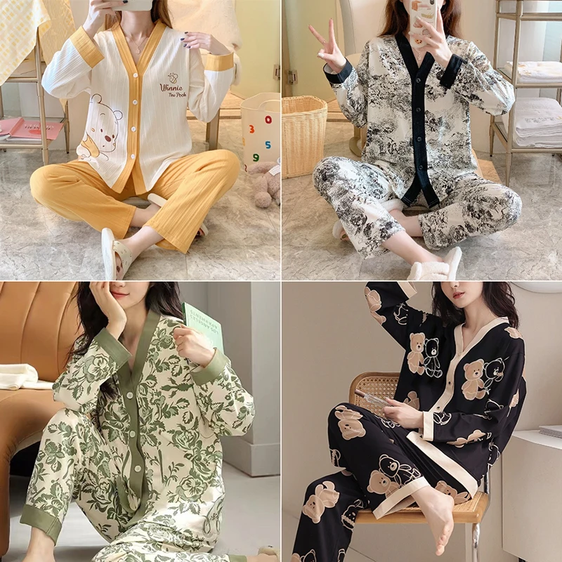 2024 New Pajamas Women Cardigan Summer Long-Sleeved Cute Teenage Paragraph Ins Homewear Black Cartoon Printing Pajama Set