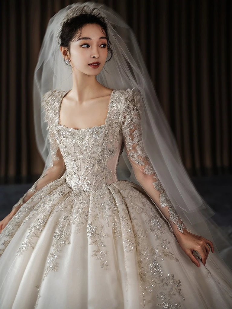 

2024 Luxury Bride Wedding Dresses Square Collar Jacquard Full Sleeve Applique Embroidery BeadingLong Wedding Party Dress New