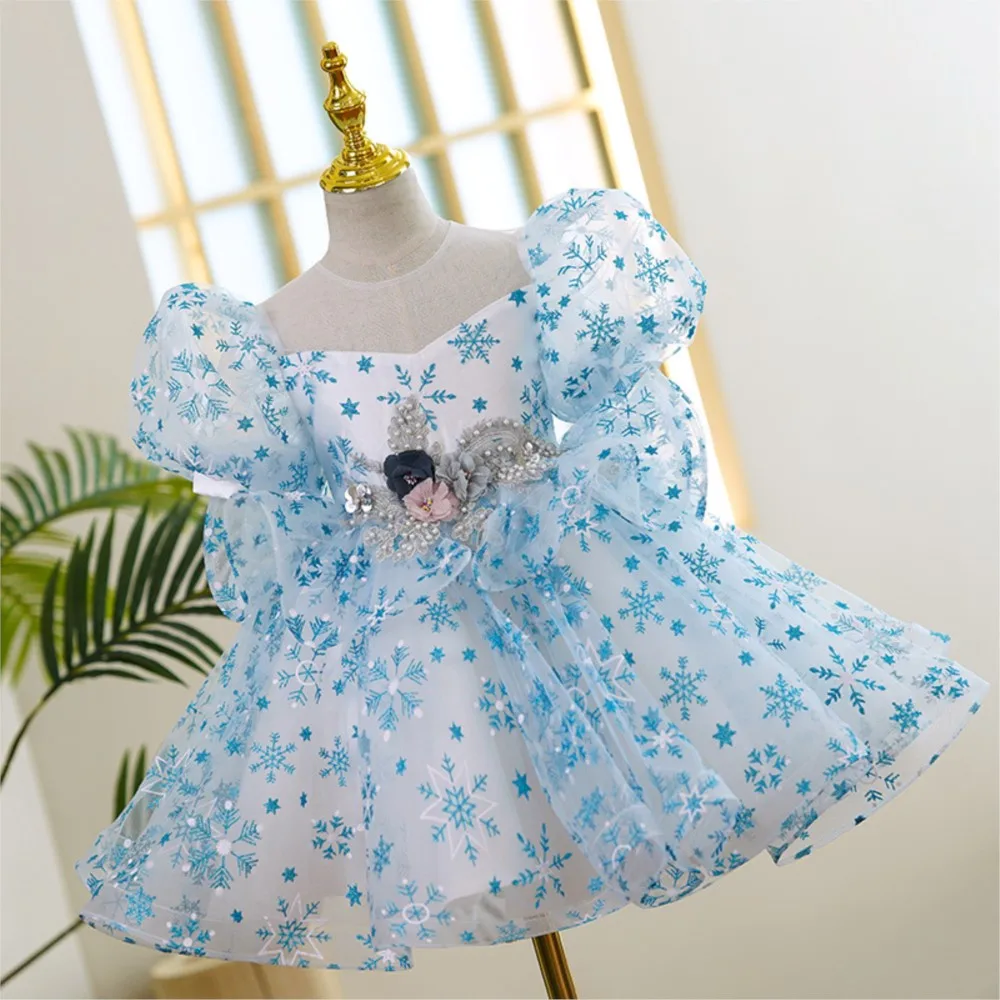 Girls summer children's princess dress snowflake sequin mesh girl bubble sleeve dress