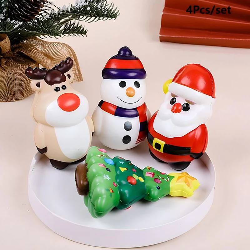Cute Cartoon Style Christmas Miniatures: Santa, Elk, Snowman, Tree; 4pcs Soft, Easy Squeeze Stress Toys.