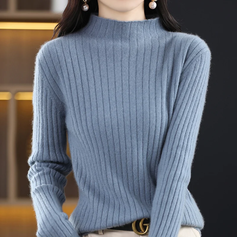 Women Fine Wool Sweater Half-high Collar Vertical Pit Strip Pullover Autumn Winter Cashmere Bottoming Knitwear Long Sleeve Tops