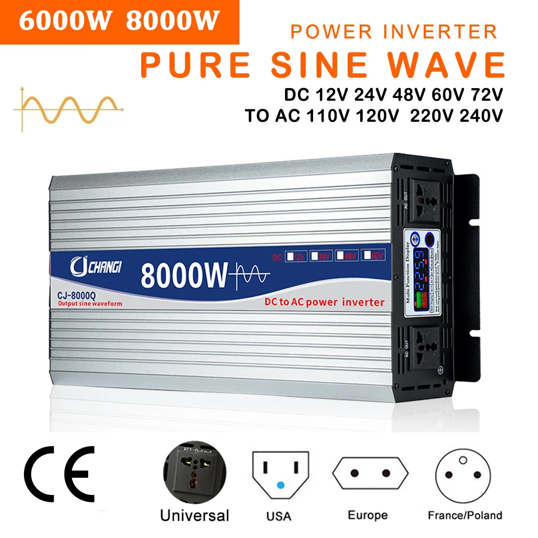 

6000W 8000W Pure Sine Wave Inverter Solar Inverters Off Grid Transformer Power 12V 24V 48V 60V 72V to AC 110V 220V Car Converter