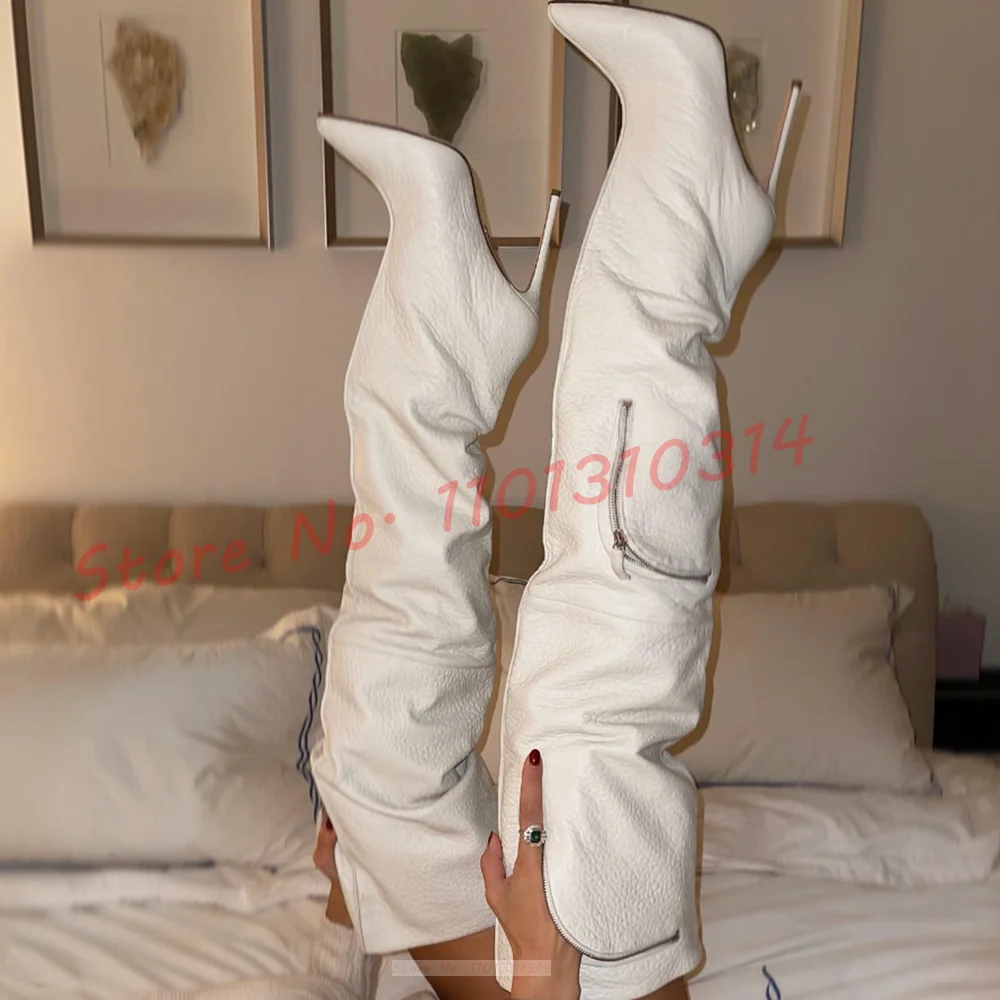 Zipped Pocket White Long Boots Women Streetwear Pointy High Heels Leather Shoes Winter Trends New In Design Over Knee High Boots