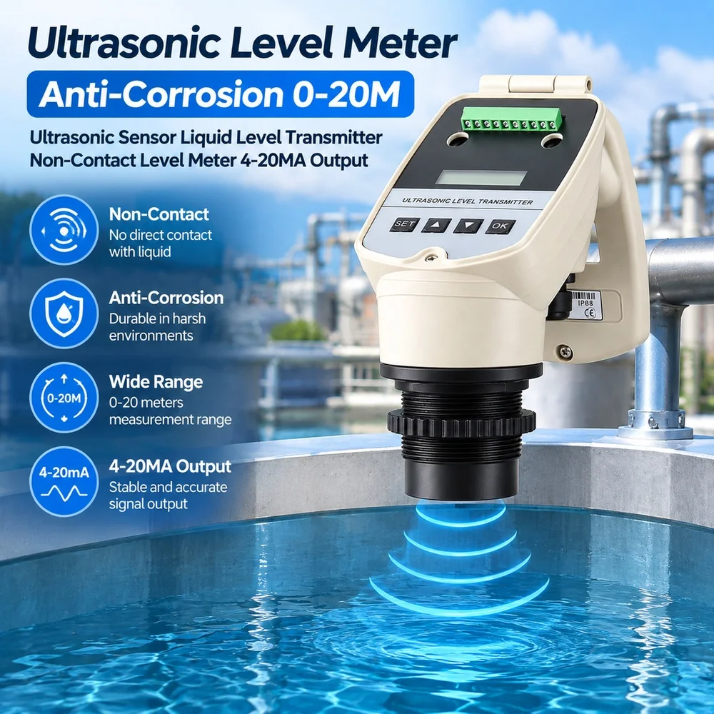 Ultrasonic Level Meter Non-Contact Level Meter Anti-Corrosion Liquid Level Transmitter 0-20M Ultrasonic Sensor 4-20MA Output