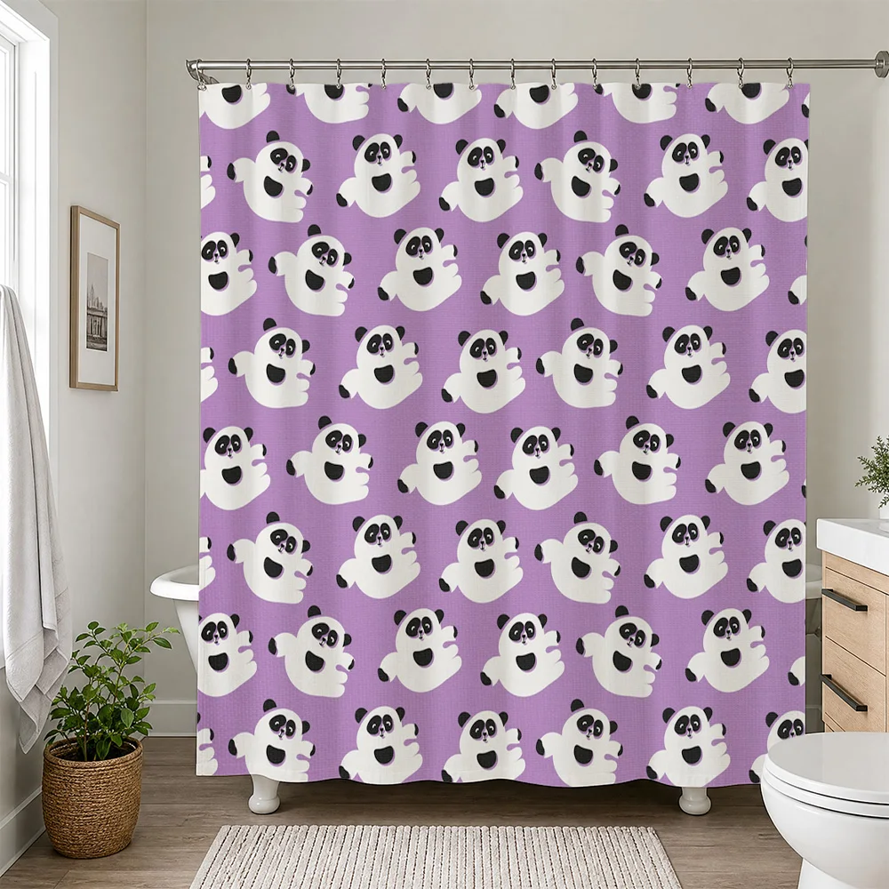 Cute Panda Face Shower Curtain Purple Waterproof Bathroom Decor Liner Funny Cartoon Shower Curtain for Home