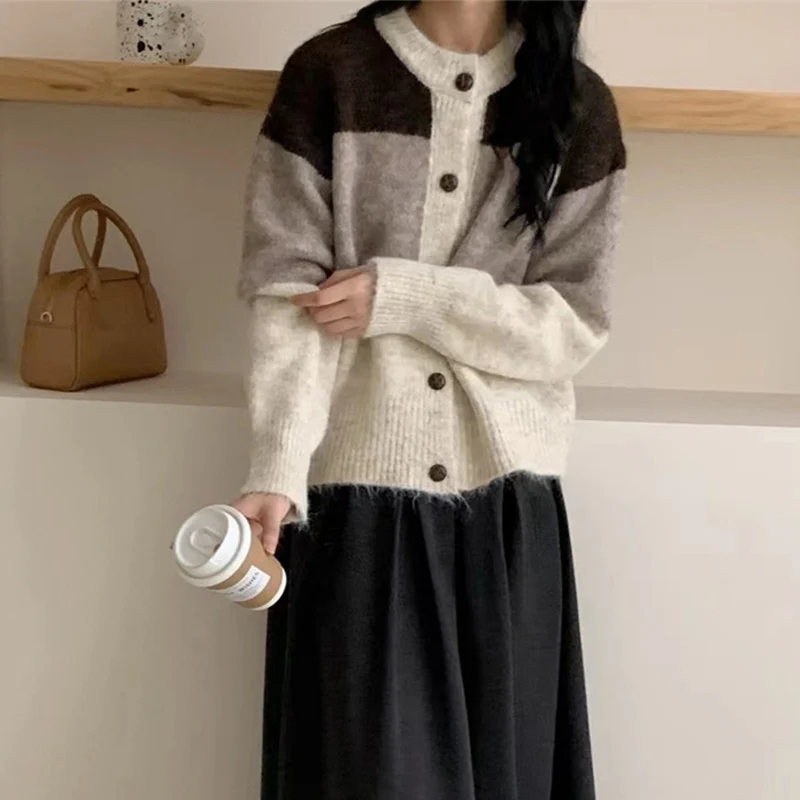 Harajuku Contrast Color Sweater Jacket Women Autumn Casual Student Versatile Knitted Cardigan Y2K Retro Patchwork Sweater Coat