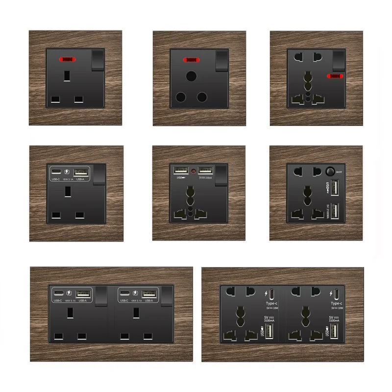 

Wooden Pattern Single Twin Socket with USB 3.1A Fast Charge Type C USB 13A UK Standard Plastic Panel