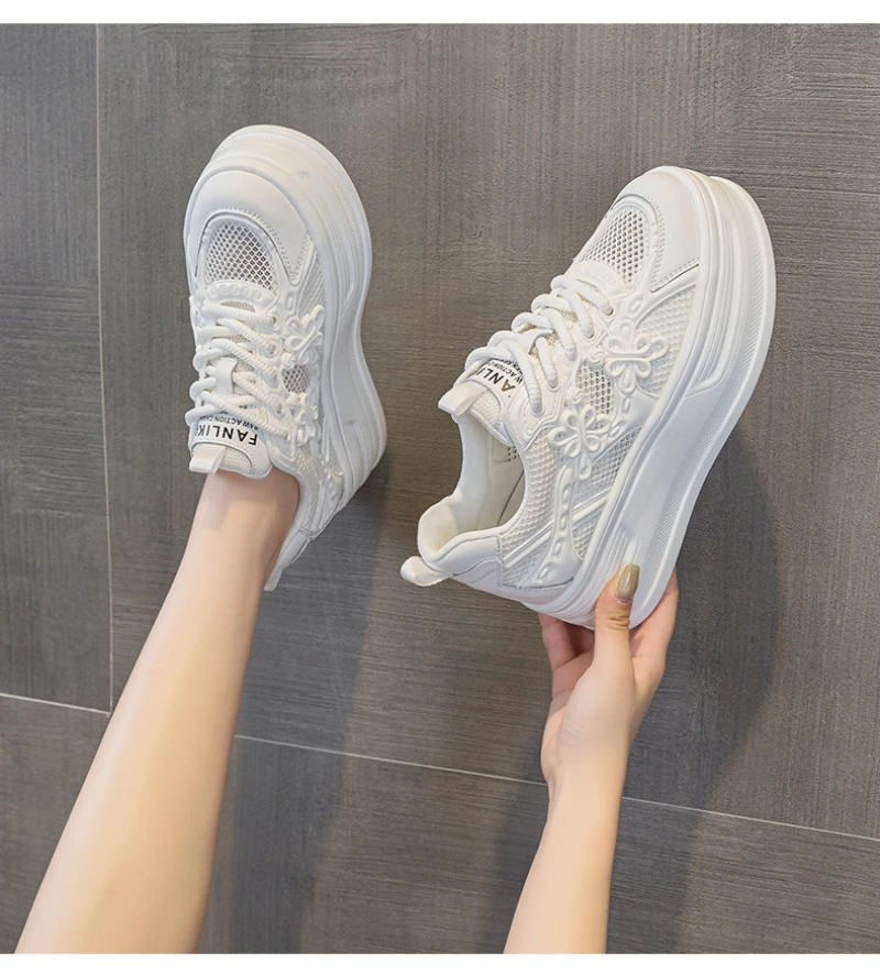 Womens White Mesh Platform Sneakers Breathable Thick Sole Casual Shoes With Flower Embroidery Lightweight Non Slip For Summer Da