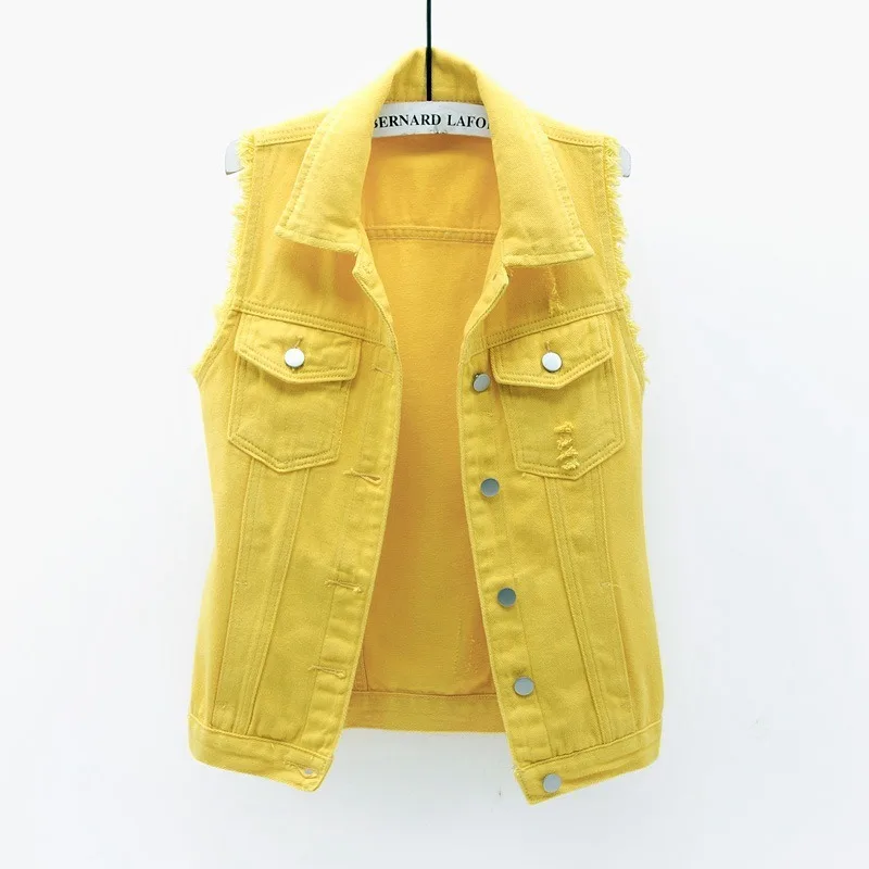 Spring Autumn Multi-colour Denim Jacket Vests Women Short Waistcoat Oversize Sleeveless Coat Lady Casual Top Hole Lady Clothing