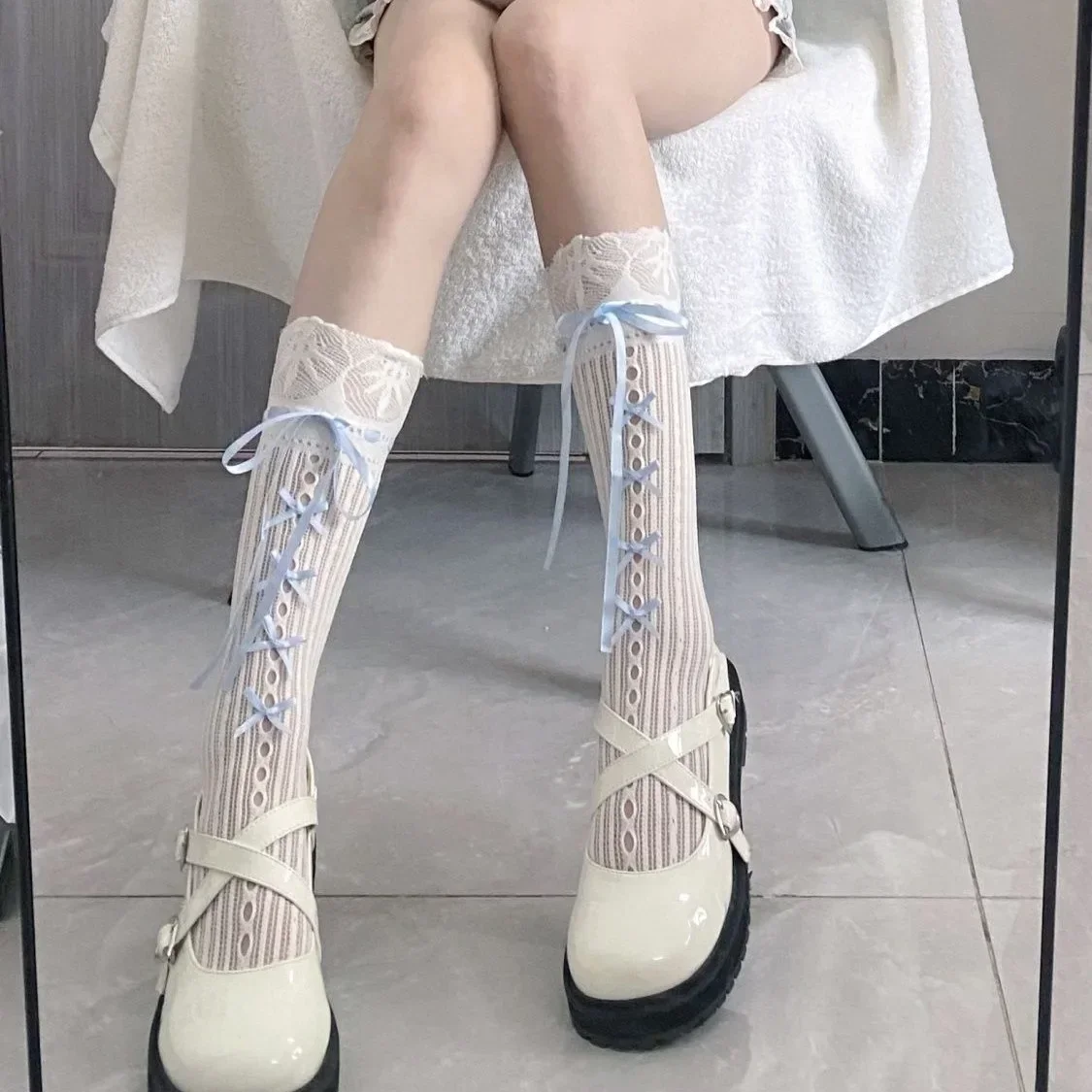 Bow Tie Stocking Hollow Lace Striped Y2K Lolita Sock Ribbon Bows Tie Long Knee Length Socks Ballet Style Strap Bow JK Sock