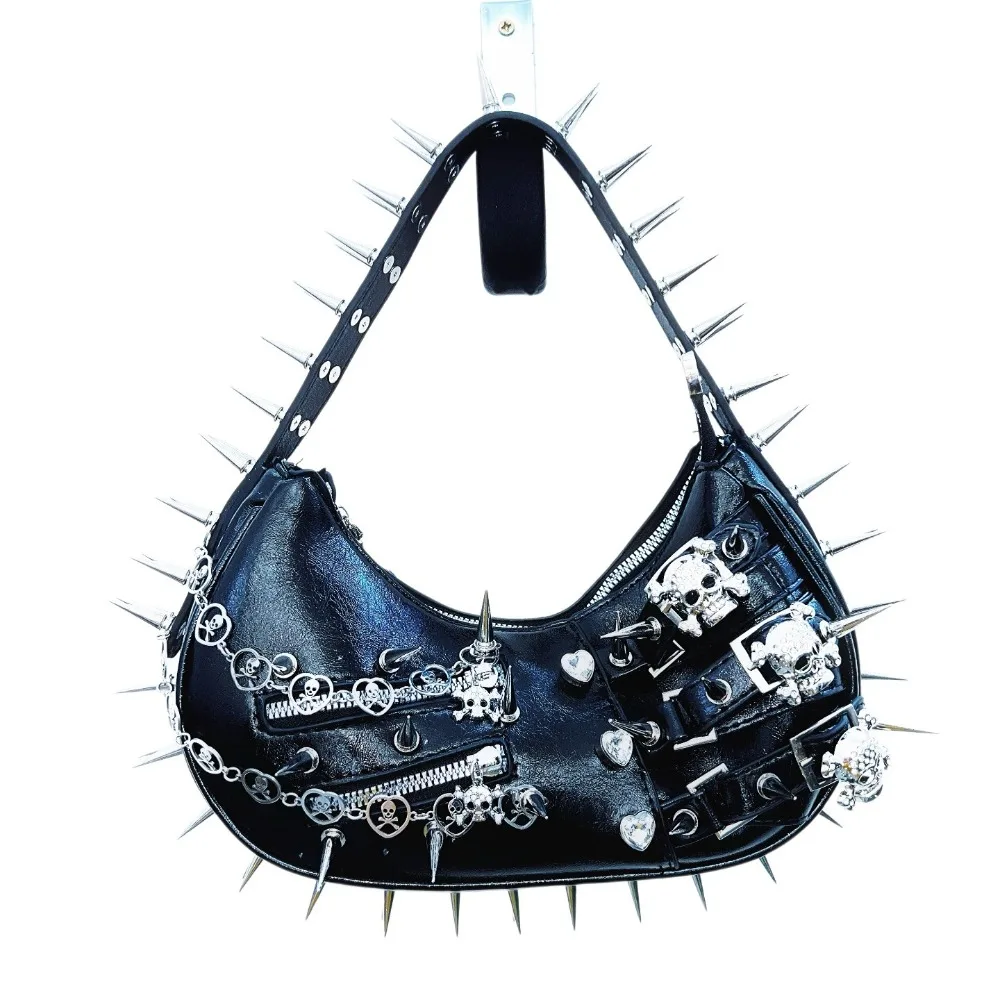 Y2K Millennium Spice Girls Punk Personality Bright Leather Bag Original Subculture Spiked Skull Chain Underarm Bag