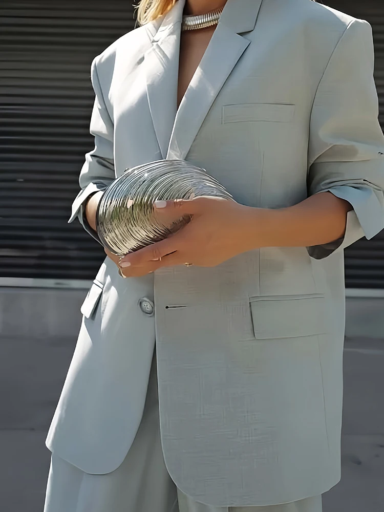 Elegant Lady Button Pocket Pants Outfit Casual Solid Long Sleeve Blazer&Wide Leg Pants Set Fashion Women Loose Commute Two Piece