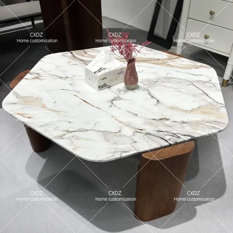 Medieval Hexagonal Marble Coffee Table Solid Wood Side Table for Living Room Sofa Edge Unique Shaped Home Furniture