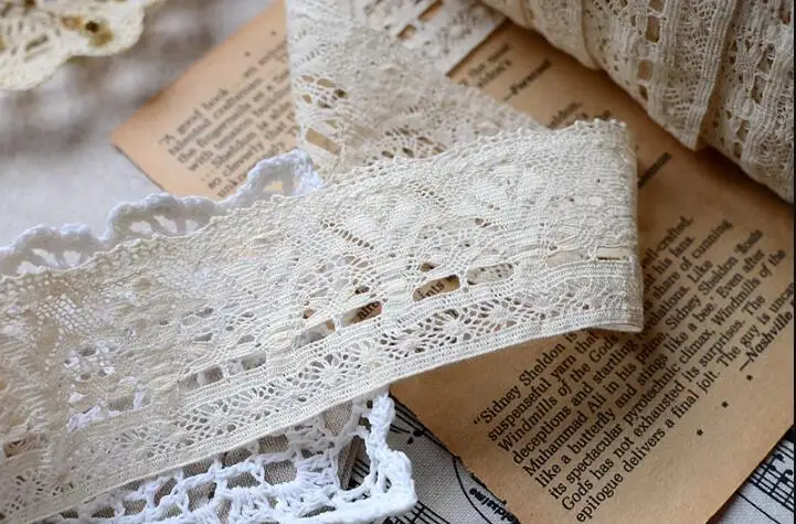 5cm wide 5yards/lot Craft Beige Lace Trim Ribbon Retro Thin Cotton Thread Decoration Material X884