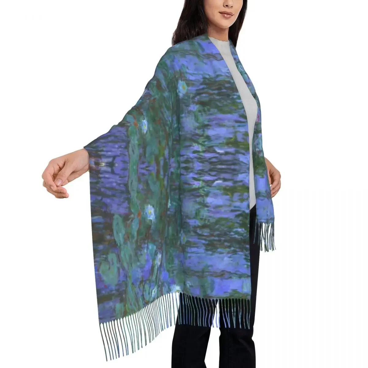 Claude  Water Lilies Scarf for Women Luxury Winter Wrap Shawl Modern Painting Art Tassel Wraps