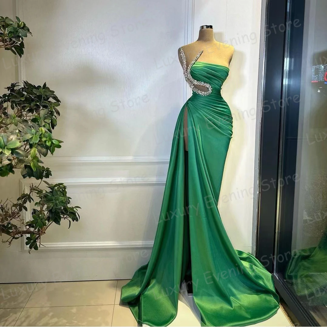 Simple Green Evening Dresses Mermaid Sexy Strapless Cut Out Women's Prom Gowns High Split Sleeveless Satin Fashion Party Vestido