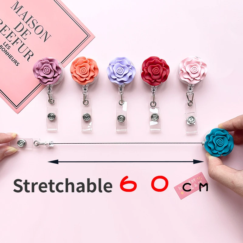 1 Pcs Quality Resin Stereoscopic Rose Retractable Nursee Badge Elegant Flowers Name Tag ID Card Holder with Clip Keys Lanyard