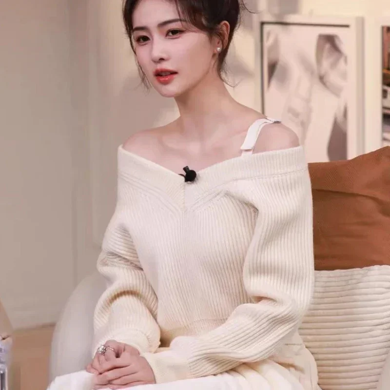 Korean Singer Women Jazz Dance Clothes Concert Off-Shoulder Sling V-neck Knit Sweaters Slim Crop Tops Stage Performance Costume