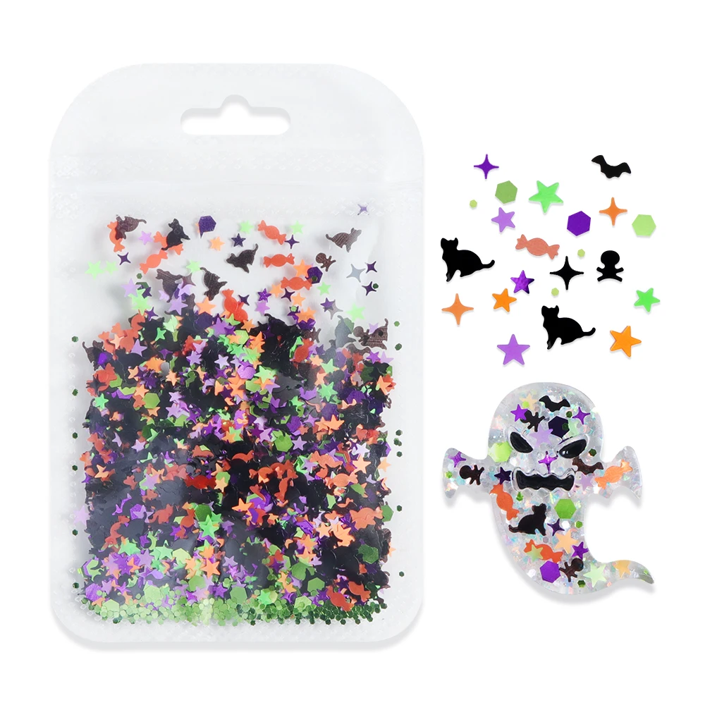 5g Cute Halloween Sequins For Resin Mold Filling Black Cat Bat Star Candy Glitter Resin Charms Fillers Halloween Gift DIY Decor