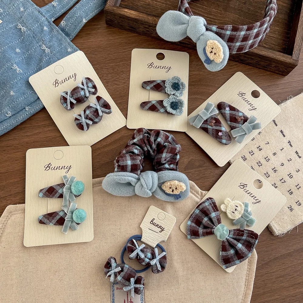 Children's Hair Accessories Plaid Fabric Bow Hair Clip Cute Hairpin Girl Bangs Side Clip Barrettes Headwear Hair Tie Rubber Band