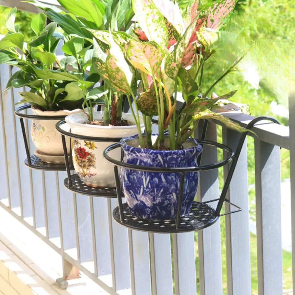 Balcony Round Flower Pot Basket Iron Railing Fence Hanging Potted Plant Rack Planter Stand Holder Garden Decoration Rose Rack