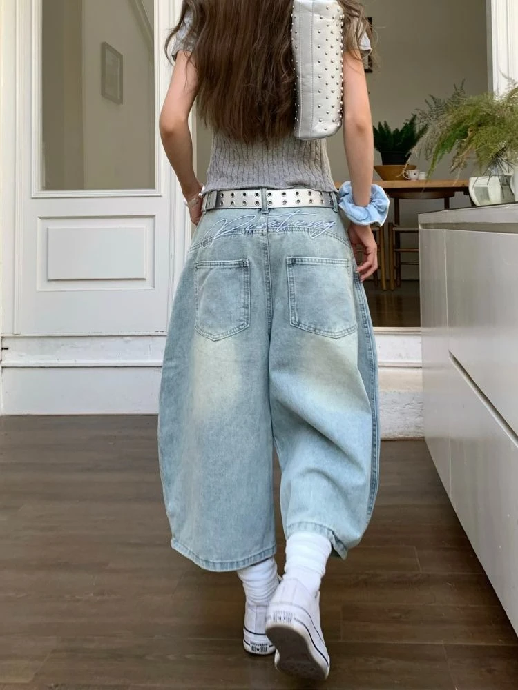 

HOUZHOU Vintage Embroidery Blue Denim Shorts Women Y2k Hip Hop Baggy Washed Jorts Korean Harajuku Streetwear Wide Leg Jeans