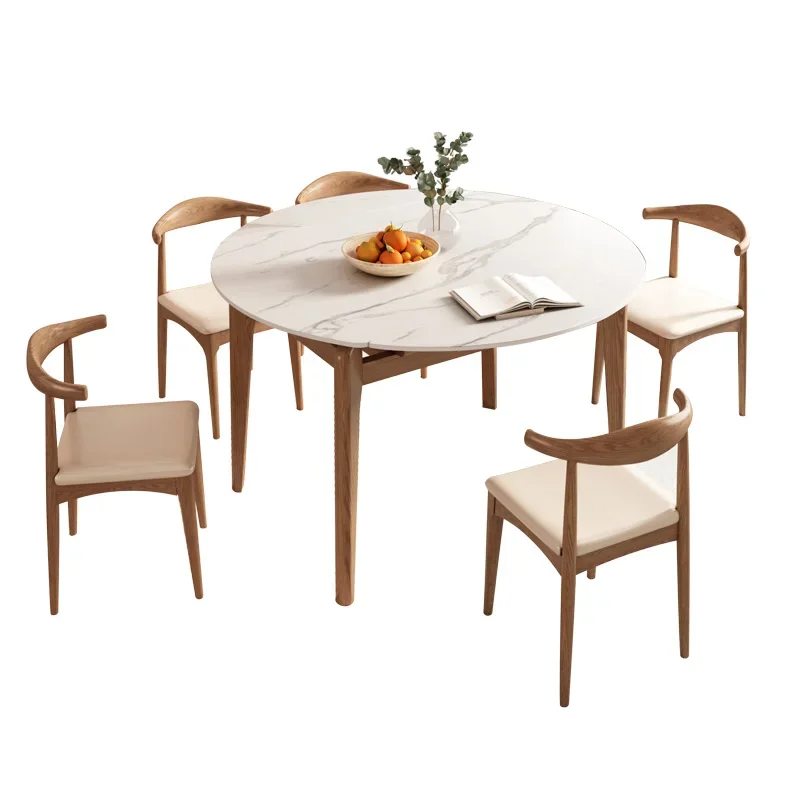 Dining table and chairs Modern solid wood round table Retractable folding dining