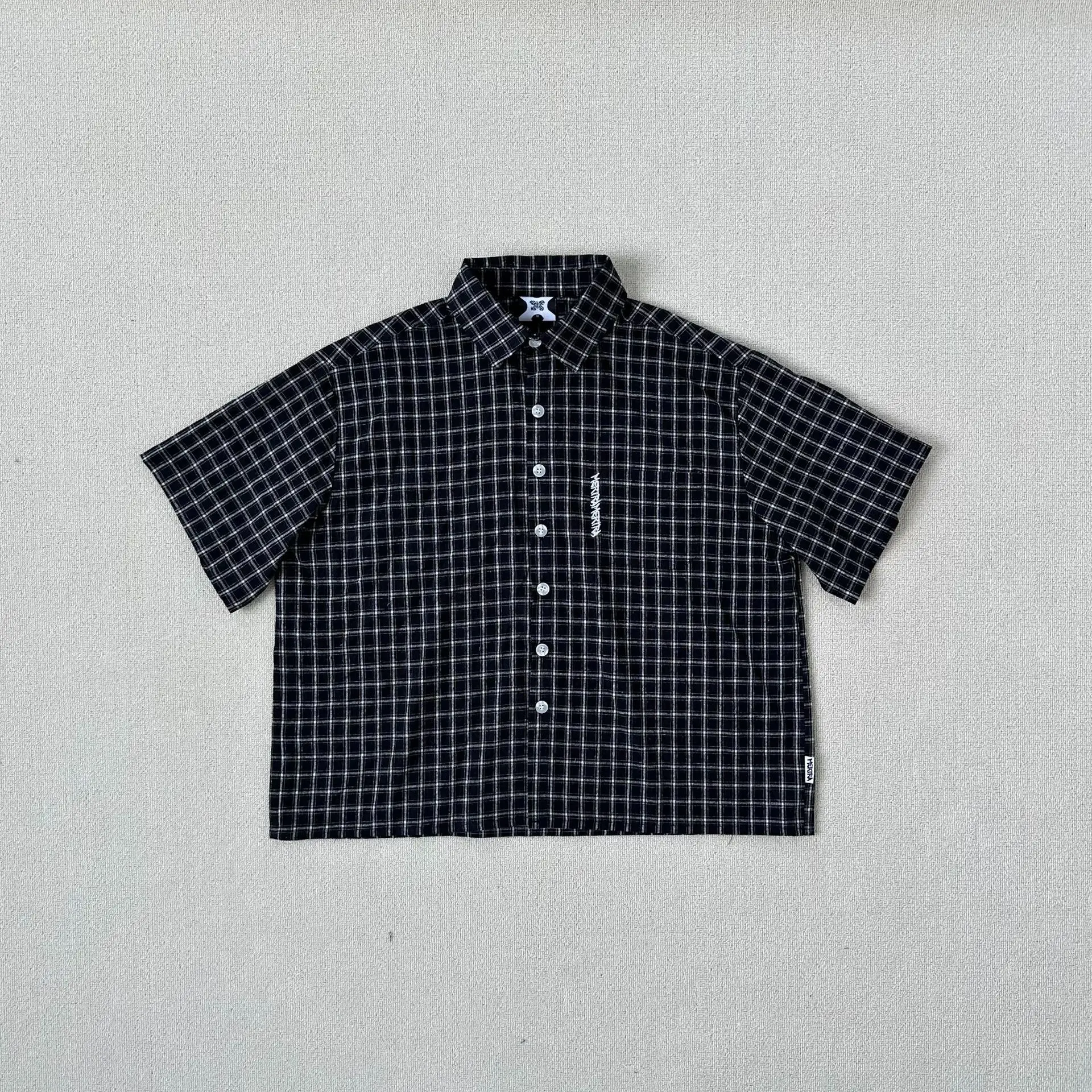 Mertra Men's New Summer Drop-Shoulder Short-Sleeve Shirt with Small Check Pattern