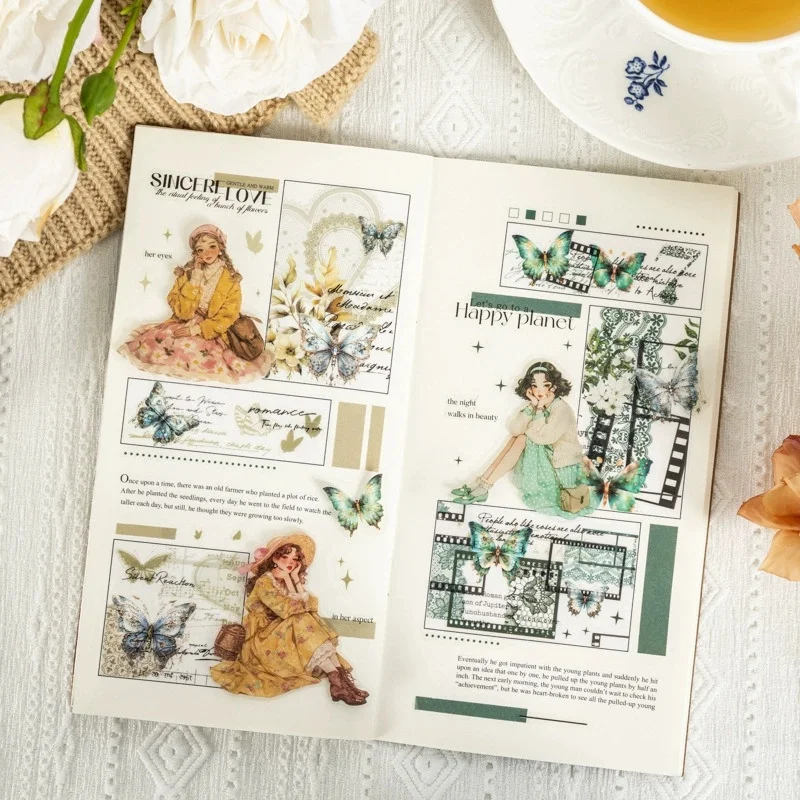 The Butterfly In Her Hand Series 18 Sheets Dual-Material Sticker Book Vintage Decorative Stickers For Hand Account Decoration